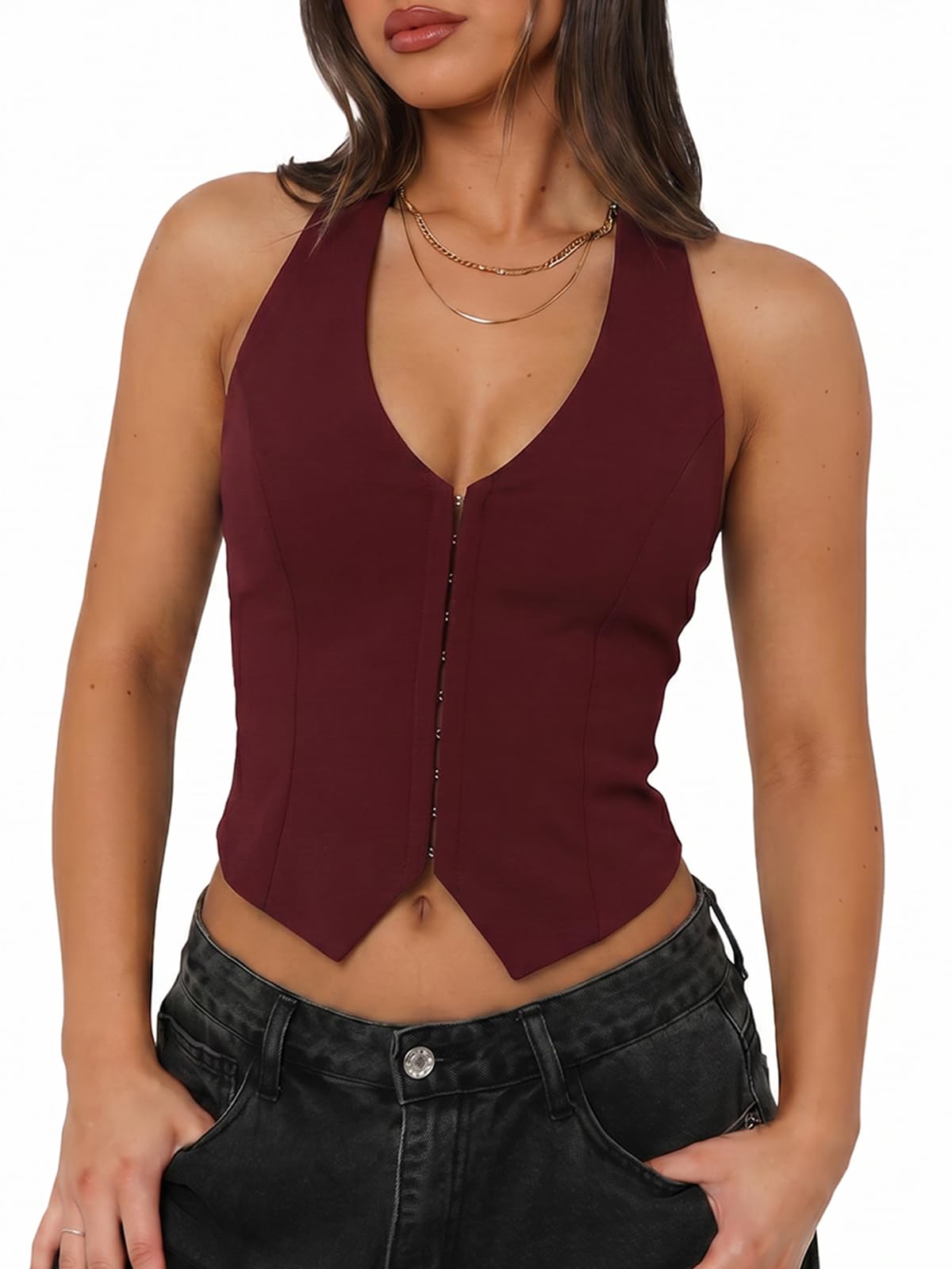 UNCOOYEE Going Out Tops for Women Sexy Backless Halter V Neck Tank Top