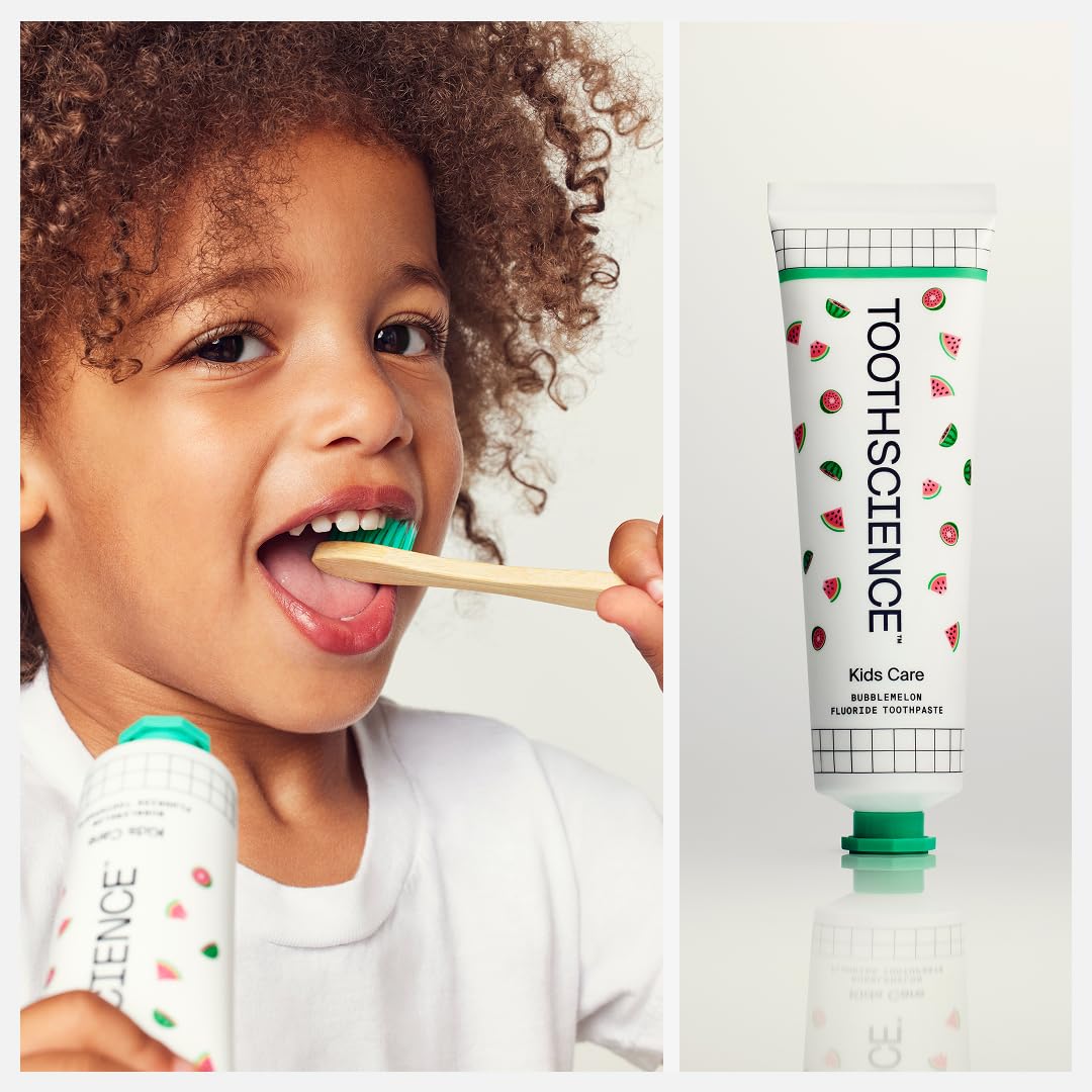 ToothScience Kids Care Toothpaste – 4-in-1 Fluoride Toothpaste for Kids, Naturally Flavored Bubblemelon, Free of Dyes, Alcohol & SLS/SLES (3.4 oz)