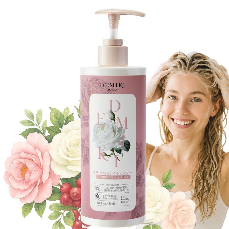 DEMIKI Shampoo for Women,Japanese Shampoo for Oily Hair, Sulfate Free & Paraben Free, Keratin Care,Organic Rose Scent, Clarifying,Moisturizing, Volumizing Hair Care, Anti Dandruff 450ml,16oz