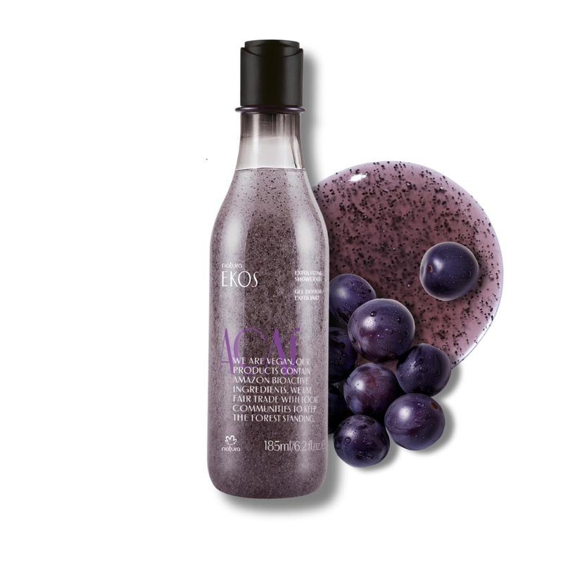 Natura - Ekos Açaí Revitalizing Exfoliating Shower Gel - Natural Exfoliants - Removes Impurities - Body Wash - Vegan Skin Care - Brazilian Beauty Secrets - Self Care & Body Care - 6.2 fl oz (185ml)