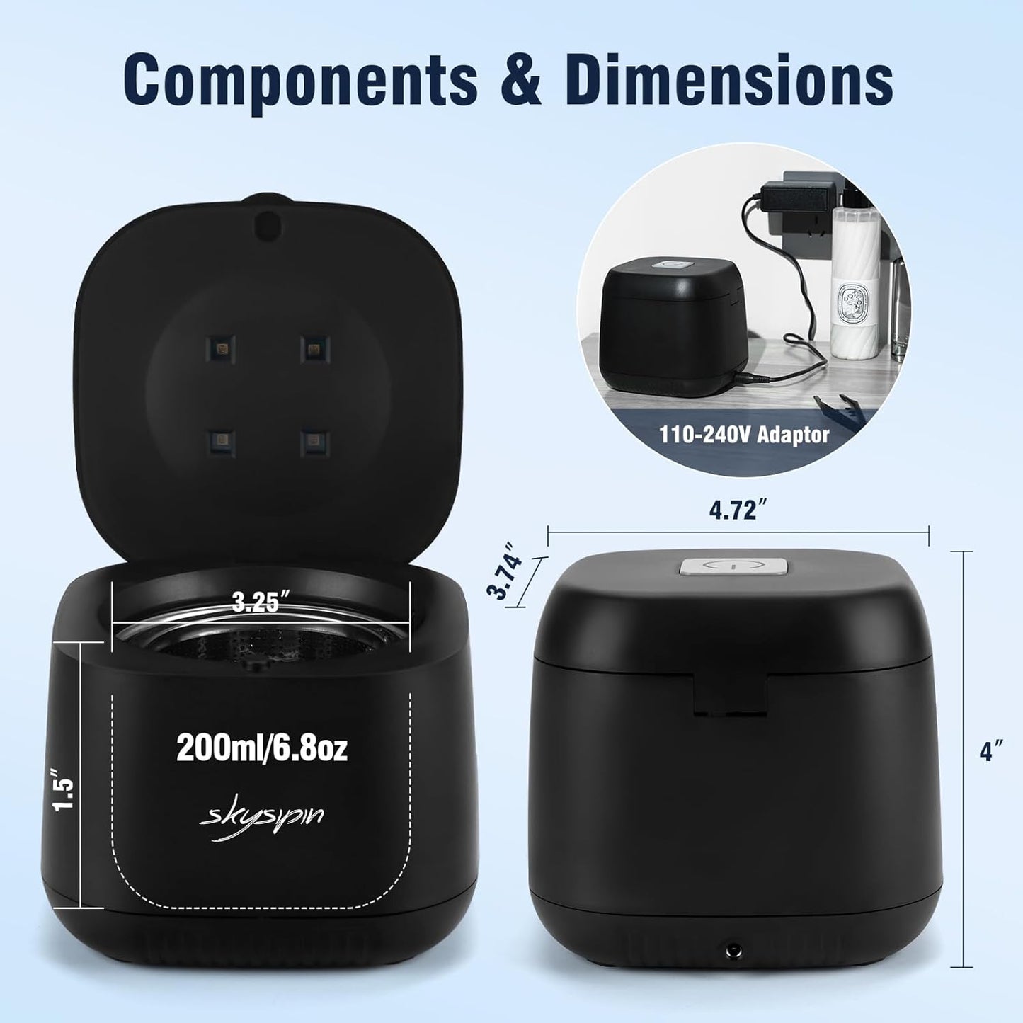 Ultrasonic Retainer Cleaner - 45KHz Dental Appliance & Jewelry Cleaner | 2 Modes, Quiet Operation, 6.8oz Black