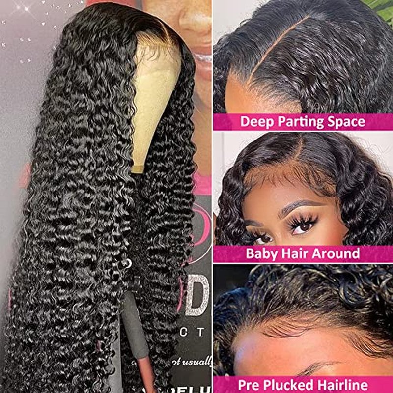 FIRIEYA Deep Wave Lace Front Wigs Human Hair Wigs for Black Women 180% Density 4X4 HD Transparent Lace Closure Human Hair Wigs for Black Women Glueless with Baby Hair Natural Color(24 Inch)