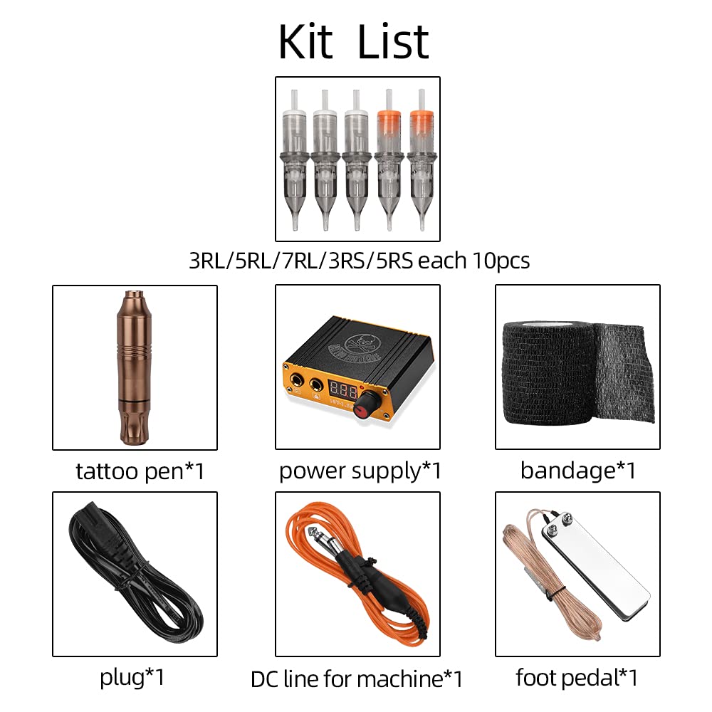 Rotary Tattoo Machine Kit, ATOMUS Tattoo Pen Style Cartridge Machine Gun Liner Shader with Power Supply 50pcs Mixed RL RS Cartridge Needles Foot Pedal DC Cord Bandage (Champagne)