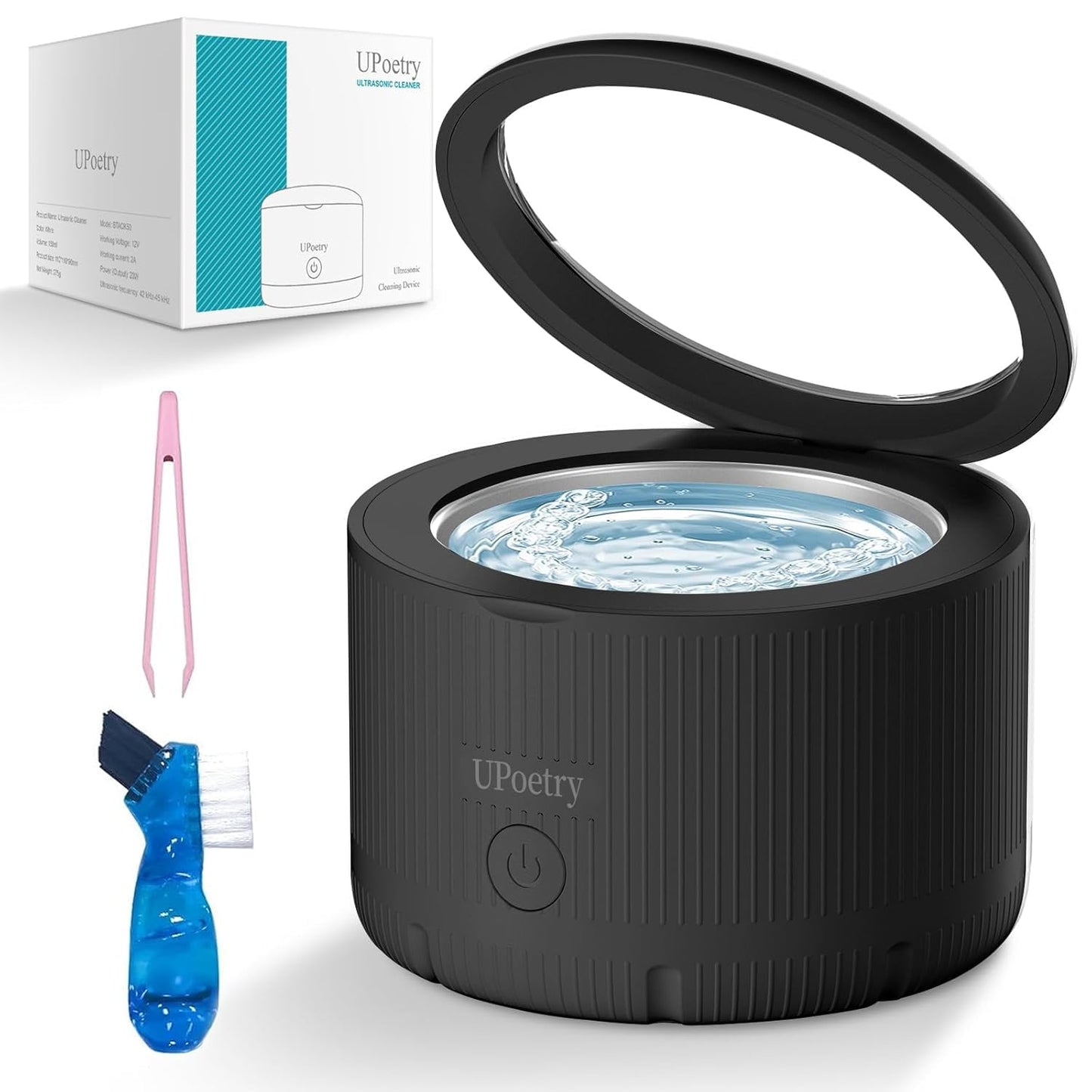 UPoetry Ultrasonic Retainer Cleaner - Dental Cleaning Pod for Braces, Dentures, Pacifiers, Mouth Guards, Jewelry & Toothbrush Heads, 150ml Portable Cleaning Machine (Without 12pcs Tablets Black)