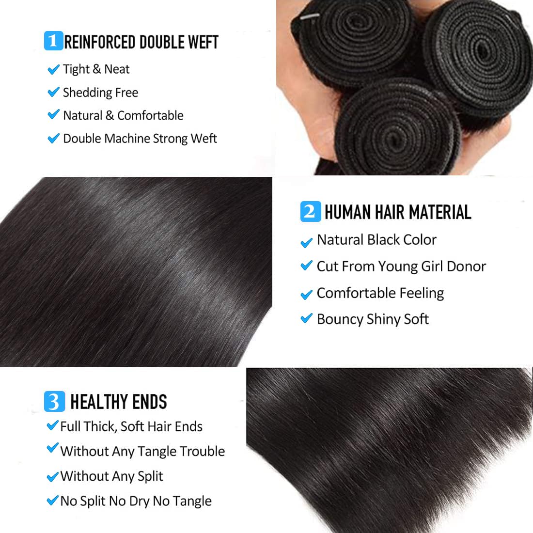 Brazilian Virgin Human Hair Bundles - 100% Unprocessed Straight Hair | 14-Inch Double Weft, Natural Black