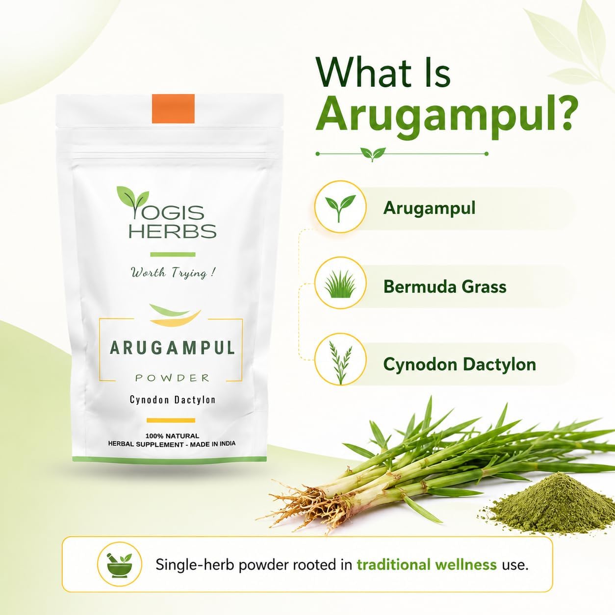 Arugampul Powder - Bermuda Grass Herbal Supplement for Daily Wellness | Hand-Cleaned, Stone-Ground, FSSAI-Certified