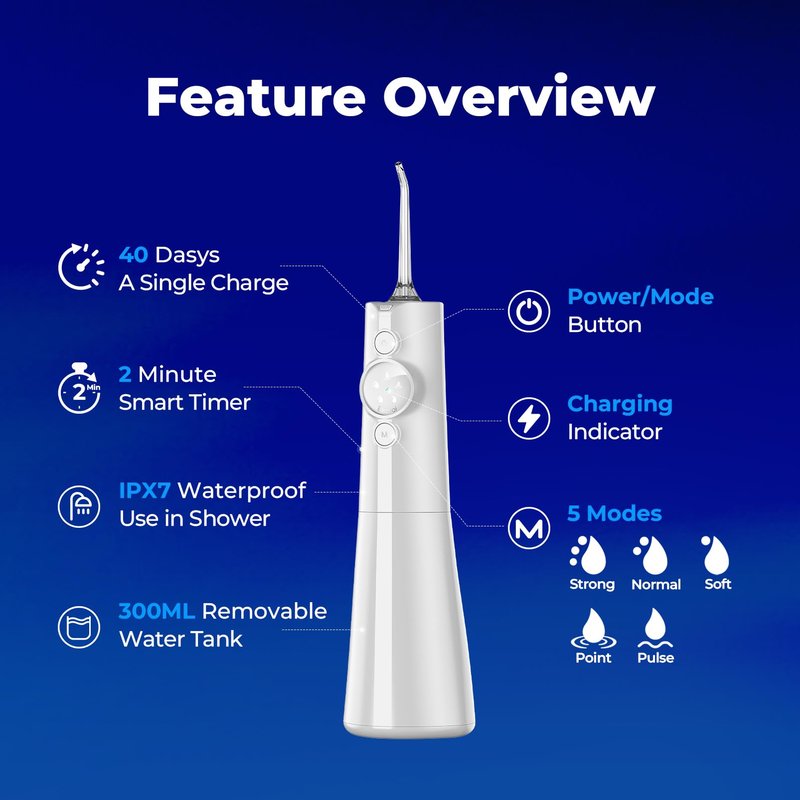 Water Flosser Teeth Pick: LED Display 5 Modes Cordless Dental Pick with 300ML Tank for Braces,Gums Care, IPX7 Waterpoof, 6 Jet Tips Water Flossing Cleaning Picks, Portable for Travel, Home, Y215 White
