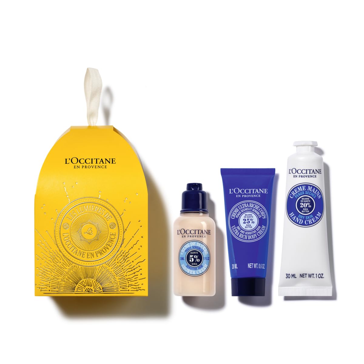 L’Occitane Shea Holiday Ornament Beauty Gift Set, Hydrating Self Care Travel Trio for Dry Skin, Moisturize and Cleanse Body & Hands with Cream & Soap