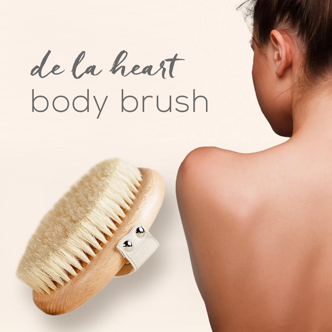 de La Heart Body Brush with No-Slip Strap | Dry Brushing Tool for Skin Exfoliation & Radiance | Natural Bristles for Smooth, Glowing Skin | Lymphatic Drainage & Circulation Massage Brush