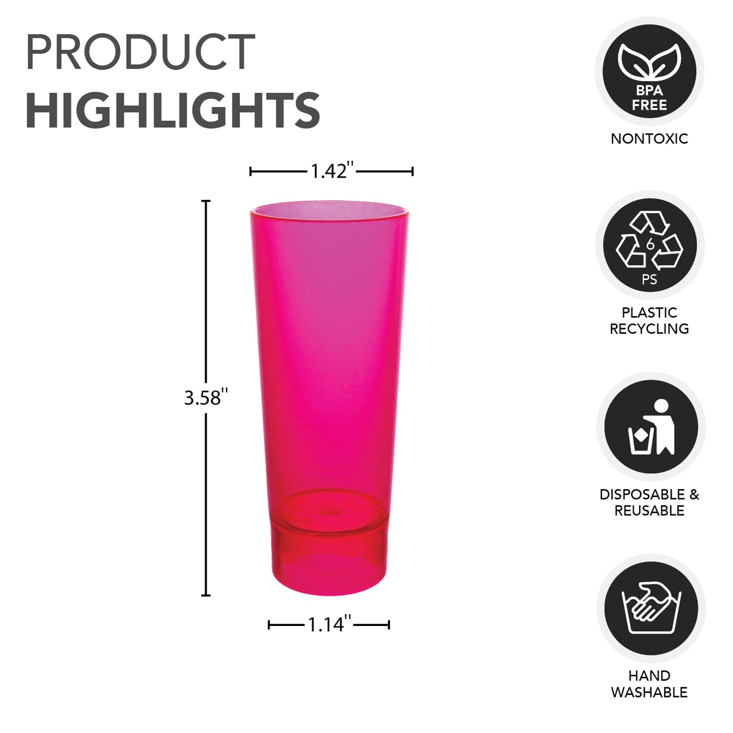 Party Essentials Hard Plastic 2-Ounce Shot/Shooter Glasses, Neon Pink, 10 Count