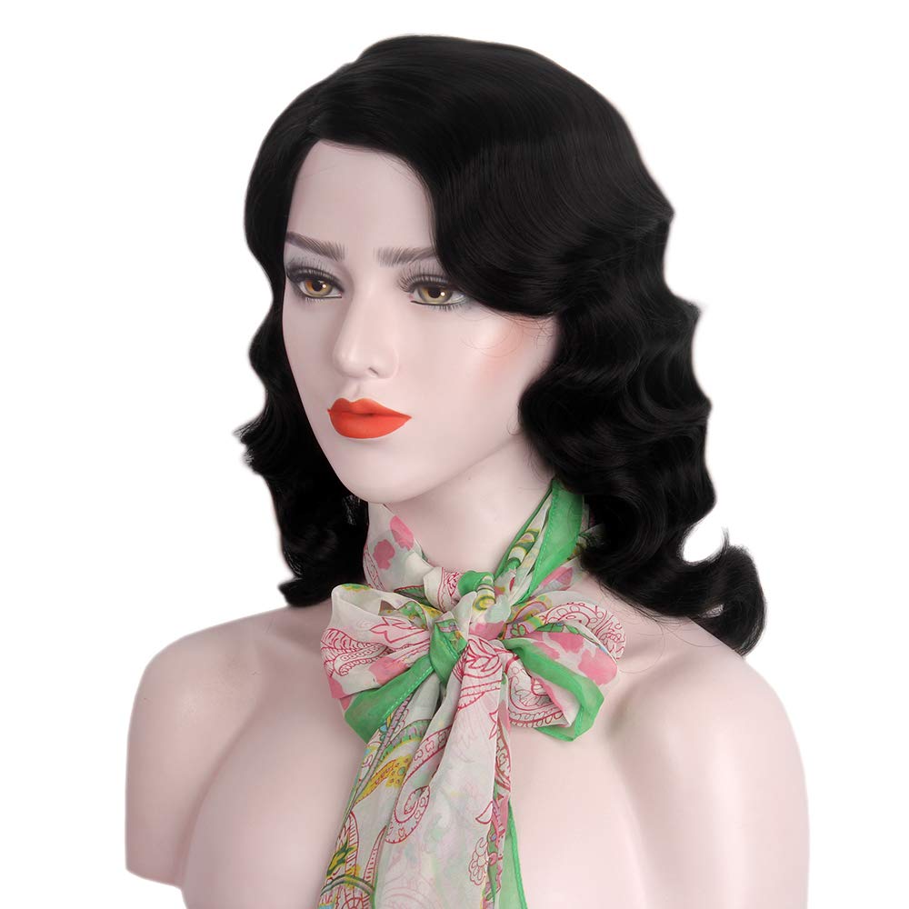 STfantasy Finger Wave Wig 1920s Retro Mid Length Long Curly Synthetic Hair for Women Cosplay Halloween Party Costume (Jet Black)