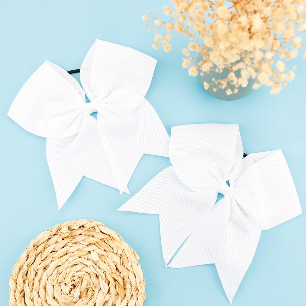 WRNZL Cheer Bows, White Hair Bows, 20 Pcs 8 Inch Bows for Cheerleaders, Girls, Softball, Ponytail Holders, Cheerleading Hair Accessories