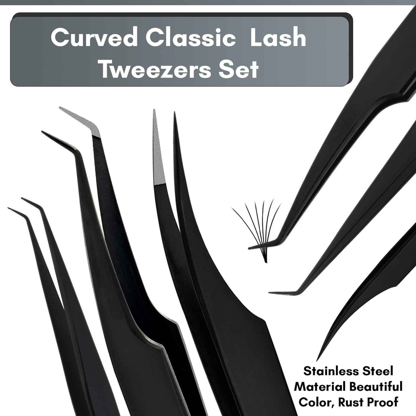My Lash Tools Fiber Tip Lash Tweezers for Lash Extensions Precision Boot Volume Eyelash Extensions Tweezers Japanese Steel Curved Isolation Tweezer Set Fiber grip tweezers pinzas para (5pcs, Black)