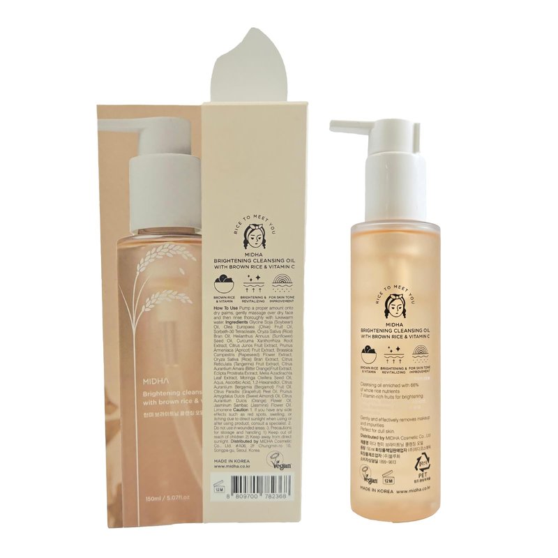 MIDHA Brightening Cleansing Oil with brown rice & vitamin C,5.07fl.oz/150ml,Radiant Skin, Deep Moisturising, Gentle Daily Cleanser, Face Wash for Sensitive Skin, Nourishing Care, Plant-Based