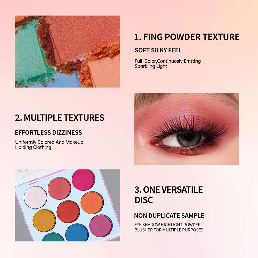 KXmzeG 9-Color Rainbow Eyeshadow Palette – Blendable Matte Brights in Pink, Yellow, Blue & Green – Waterproof, Long-Wear, Perfect for Creative or Party Makeup 03#