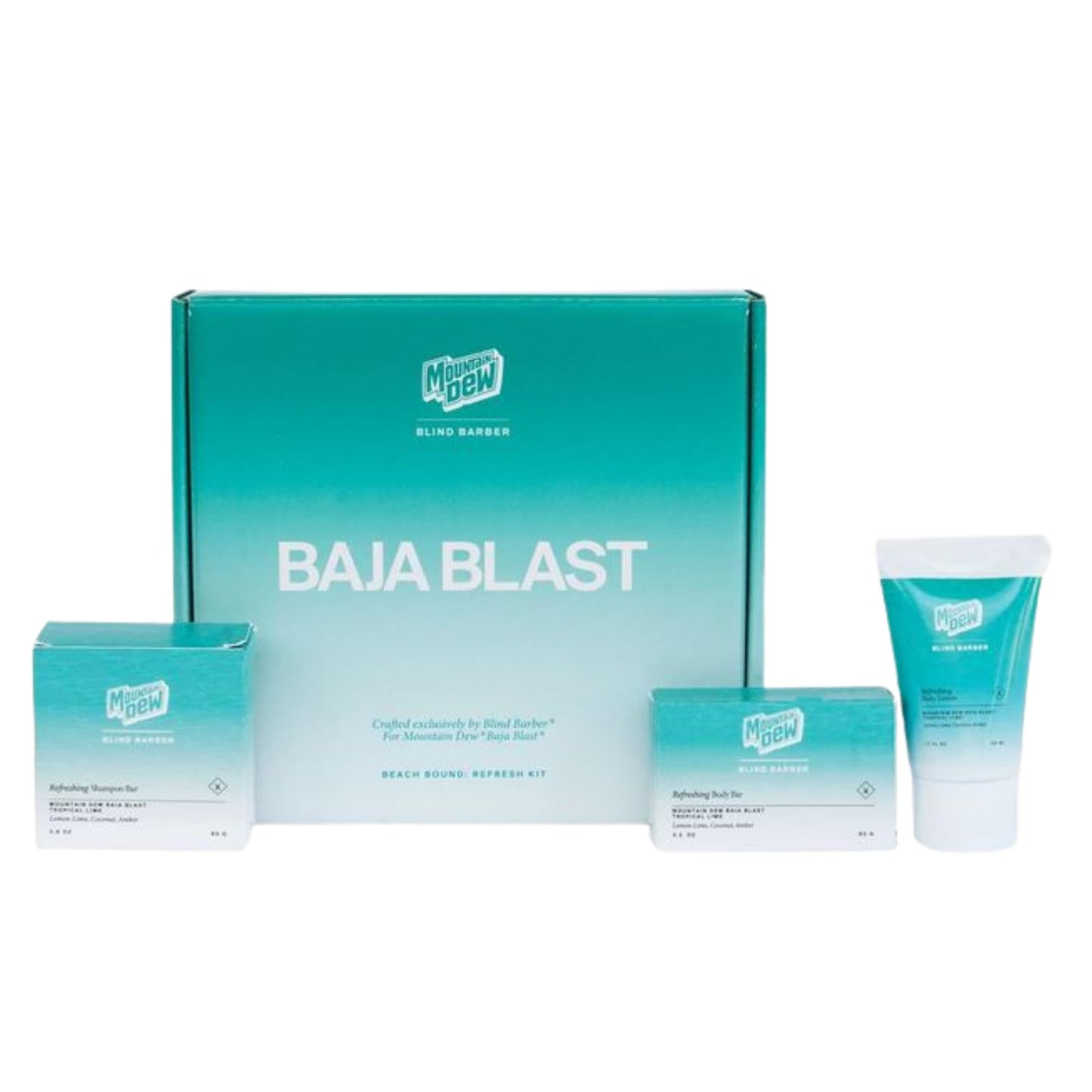Blind Barber x Baja Blast Refreshing Shower Set - Includes Body Lotion, Exfoliating Bar Soap & Bar Shampoo - Limited Edition Body Skin Care Products with Citrus Fiesta Tropical Lime Scent (3 Pieces)