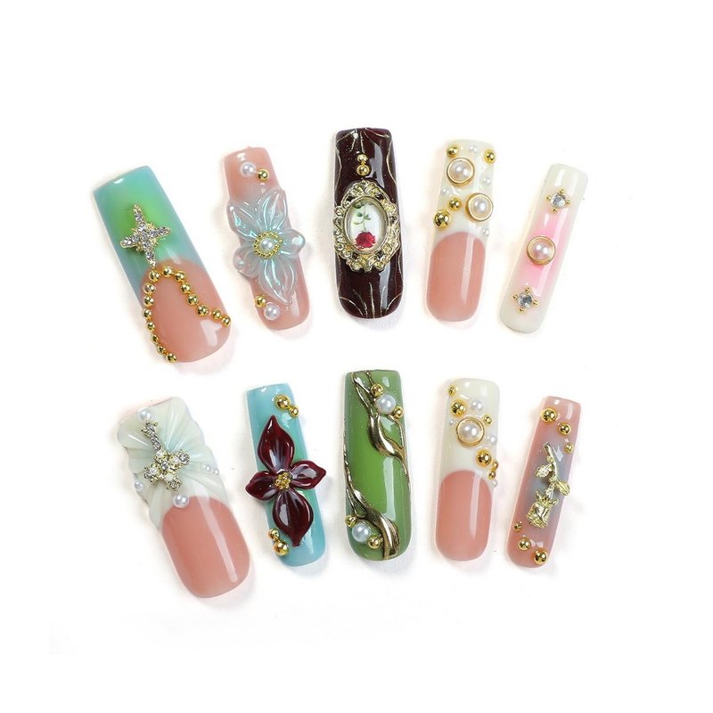 Handmade Press on Nails Long Square Fake Nails Luxury Pearl Rhinestone & 3D Flower Art Designs Salon Quality Acrylic Nails French Tip Gold Rose Steel Ball False Nails Stick on Nail for Women（Size M)