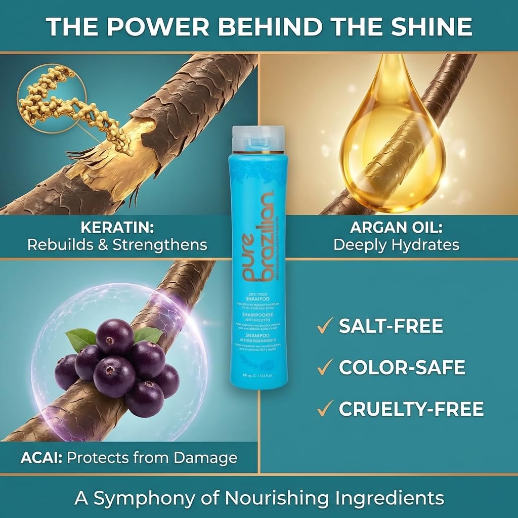 Pure Brazilian Anti-Frizz Daily Shampoo, Salt-Free, Color Safe, with Keratin, Argan Oil & Acai for Prolonged Treatment & Smooth Hair, 13.5 Oz