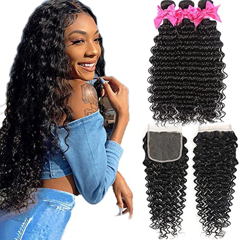 Aatifa 9A Brazilian Deep Wave 3 Bundles Human Hair with 4X4 Free Part Lace Closure Unprocessed Virgin Deep Wave Bundles Hair Natural Color, lace closure, (24/26/28+20 Inch)