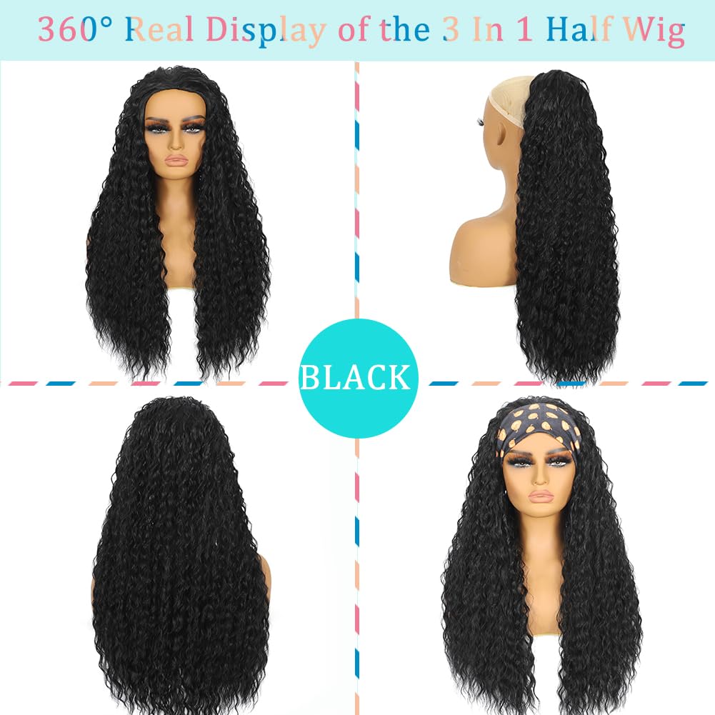MARYLING Deep Water Wave Half Wig 3 In 1 Wear and Go Headband Wig Drawstring Seamless Flip Over Deep Curly Half Wigs Beginner Friendly Synthetic Half Wig for Black Women Natural Black 26 Inch