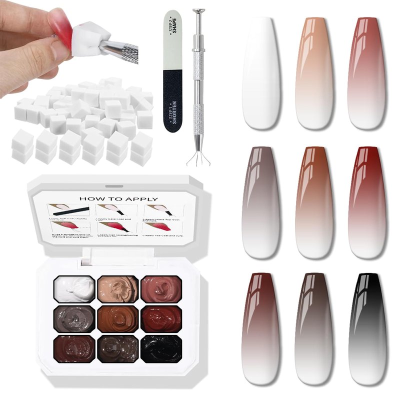 Pat Gel Nail Polish Palette,9 Colors Ombre Gel Nails Gradient Blush Painting Gel Thick,100 Sponges 6 Brushes 1 Grabber, No Wipe, UV/LED Cured (Sponge Pat Gel Set A)