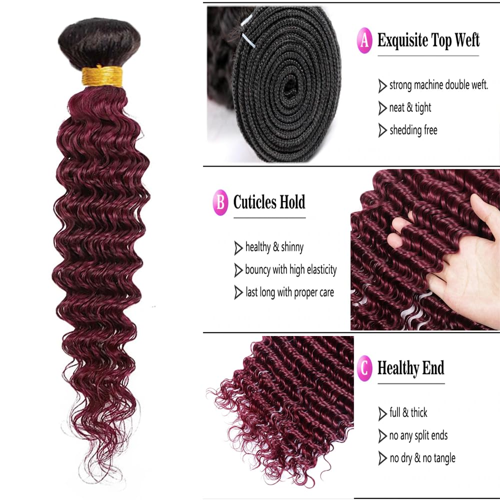 24 26 28 inch 1b99j Burgundy Bundles Human Hair Burgundy Deep Wave Bundles Double Weft Human Hair Bundles Two Tone Black To Wine Red Deep Wave Unprocessed Brazilian Hair Extensions
