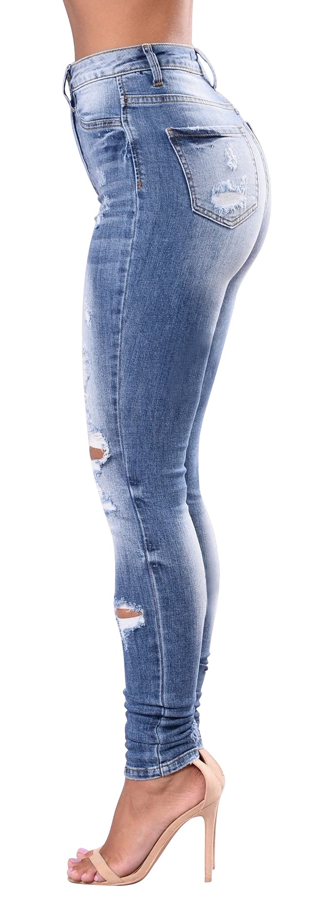 Women's High Waisted Distressed Stretch Jeans - Ripped Butt Lift Denim Pants, Light Blue, Size 2