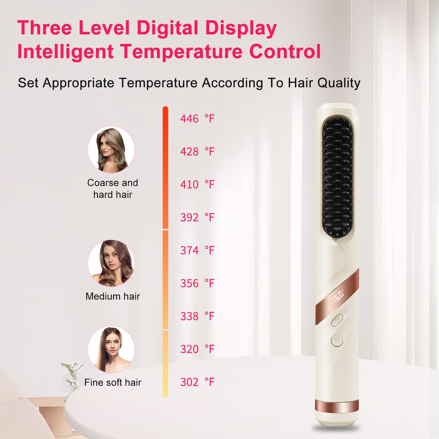 Cordless Straightener Brush for Women, Portable Hair Straightening Brush with Negative Ion, 30s Fast Heating, LED Display, USB Rechargeable Cold Air Hair Styling Comb for Travel