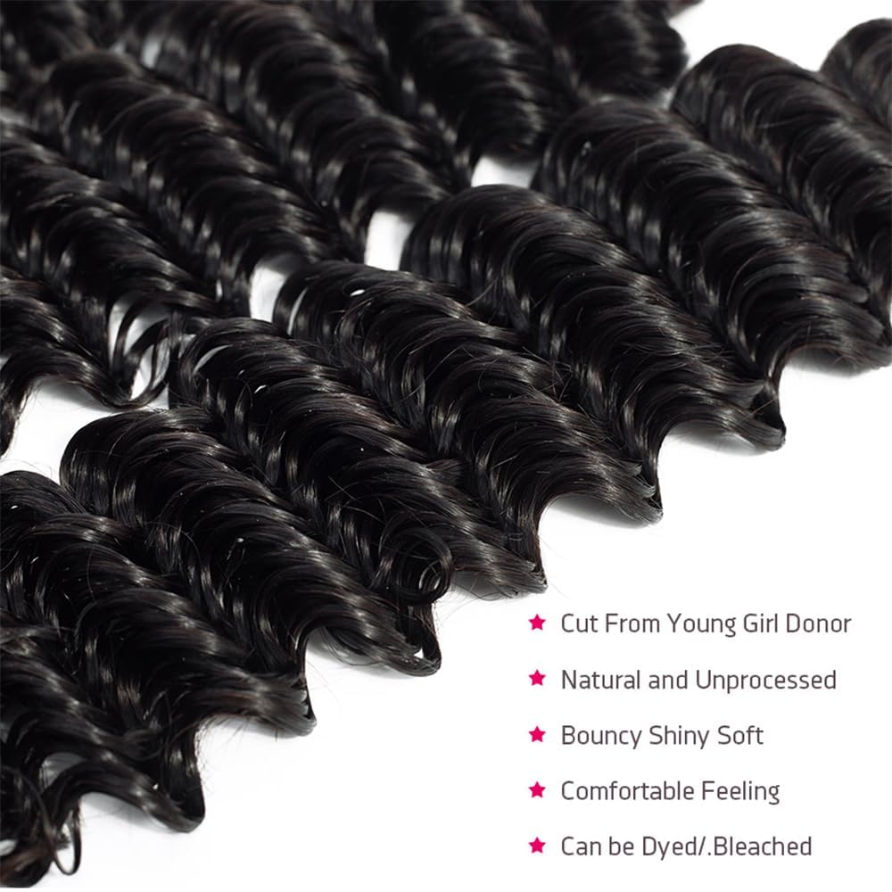 Deep Wave Human Hair Bundles 12 14 16 Inch Deep Curly Bundles Human Hair Double Weft 12A Brazilian Virgin Remy Hair Full and Thick