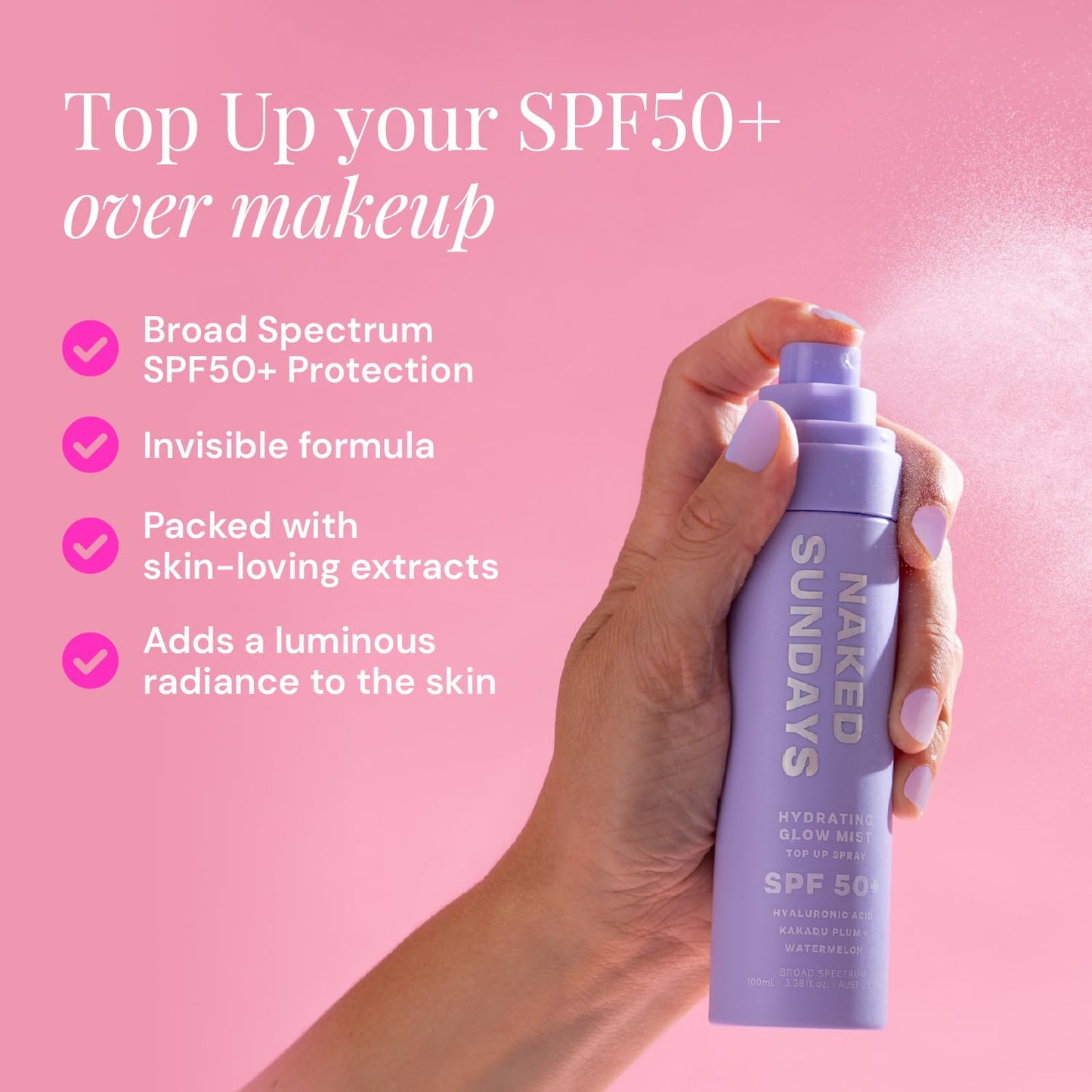 Naked Sundays SPF 50 Hydrating Glow Sunscreen Mist for Face, SPF Setting Spray with Hyaluronic Acid, Makeup Setting Spray, Lightweight, Non-Greasy Hydration, 75ml