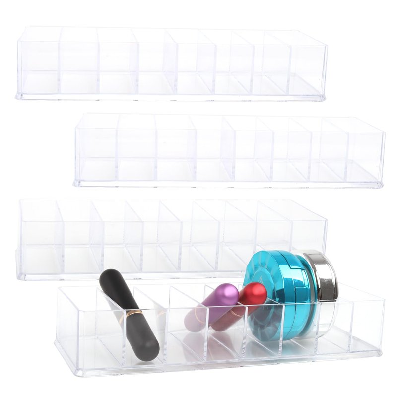 Acrylic Makeup Organizer,4 Pack Makeup Compact Organizer Detachable Makeup Organizer Clear Vanity Drawer Organizer, 8 Spaces Clear Cosmetic Display Case for Bathroom, 10x3.3x1.7 Inches