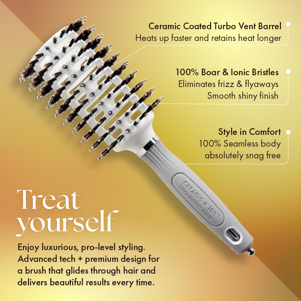 Olivia Garden Ceramic + Ion Turbo Vent Combo Hair Brush - Not Electrical - Ionic and 100% Boar Bristles - Professional Round Blowout Brush for Normal to Thick Hair