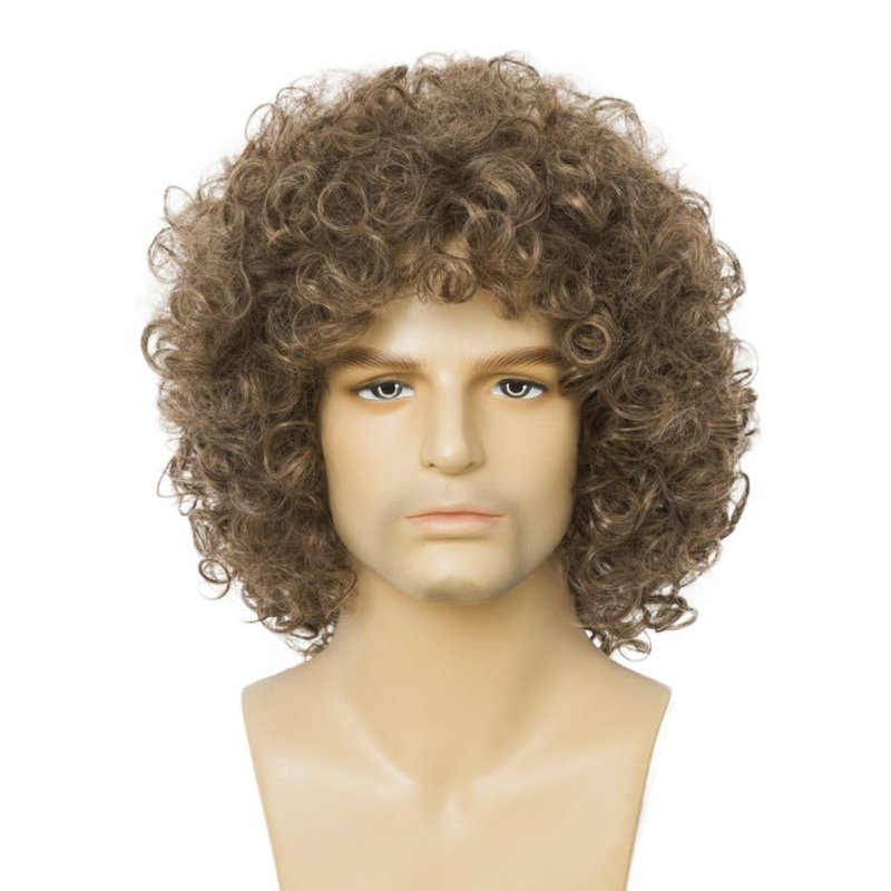 Salaibs Curly Brown Short Wigs for Men Natural Shaggy 80s Rocker Wig Synthetic Heat Resistant Hair Wig for Halloween Use