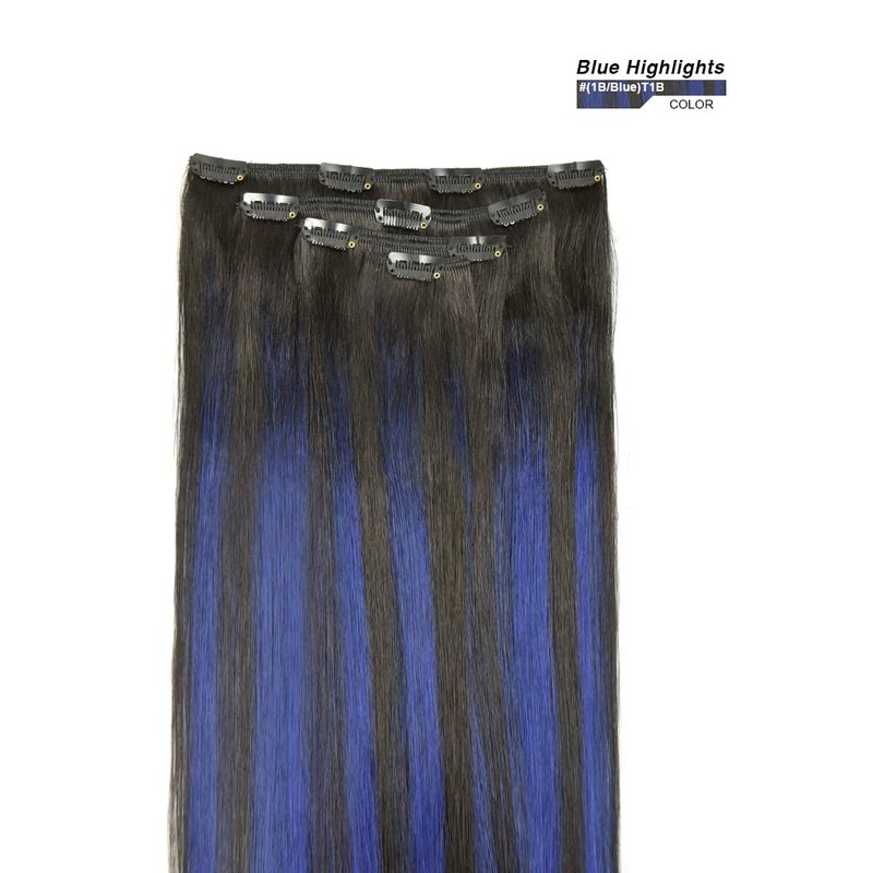 16" Clip in Hair Extensions Remy Human Hair Blue Balayage for Women - Silky Straight 100% Real Human Hair 55grams 4pieces #(1B/Blue) T1B Color
