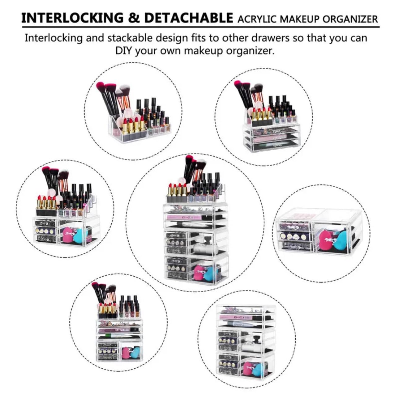 Banvikon Acrylic 4 Pack Makeup Organizer with 11 Drawers, Clear, Stackable Cosmetic Organizer For Lipstick, Jewelry and Makeup Brushes, Beauty Storage With Drawers For Dresser And Bathroom.