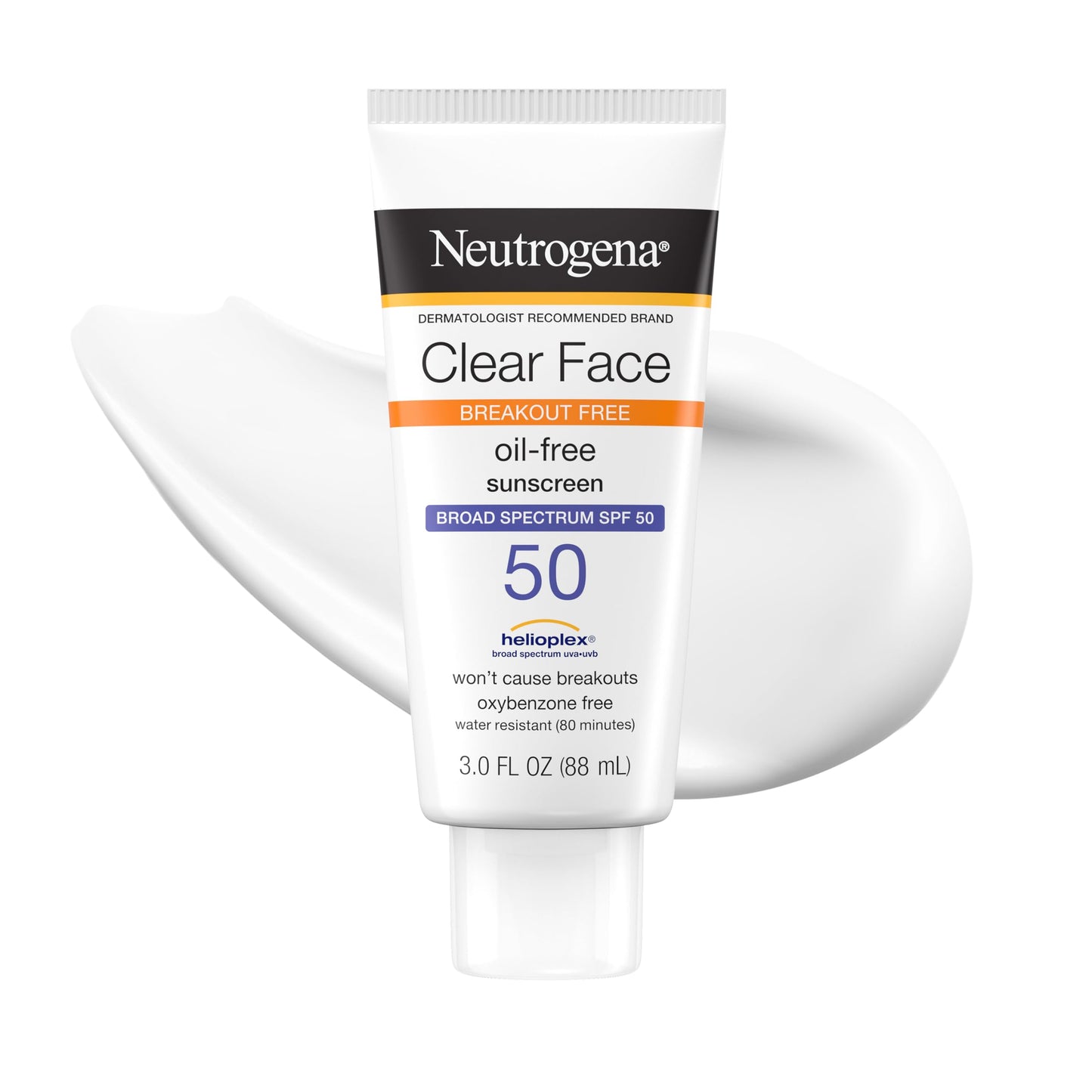 Neutrogena Clear Face Sunscreen Lotion SPF 50 for Acne-Prone Skin Broad Spectrum UVA UVB Protection Oil-Free No-Fragrance No-Oxybenzone Water-Resistant Daily Face Moisturizer, 3 fl oz