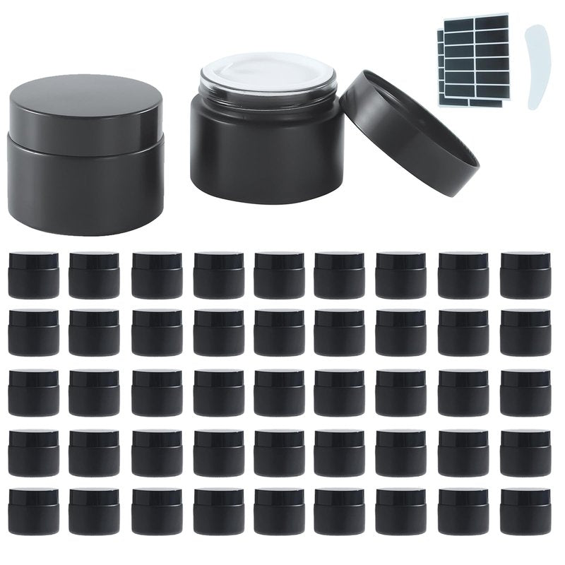 Lustervial 45Pack 2oz Small Glass Jars with Lids, Lotion Container, Cosmetic Containers, Little Travel Jars for Creams with Mini Spoon, Black Label (Matte Black)