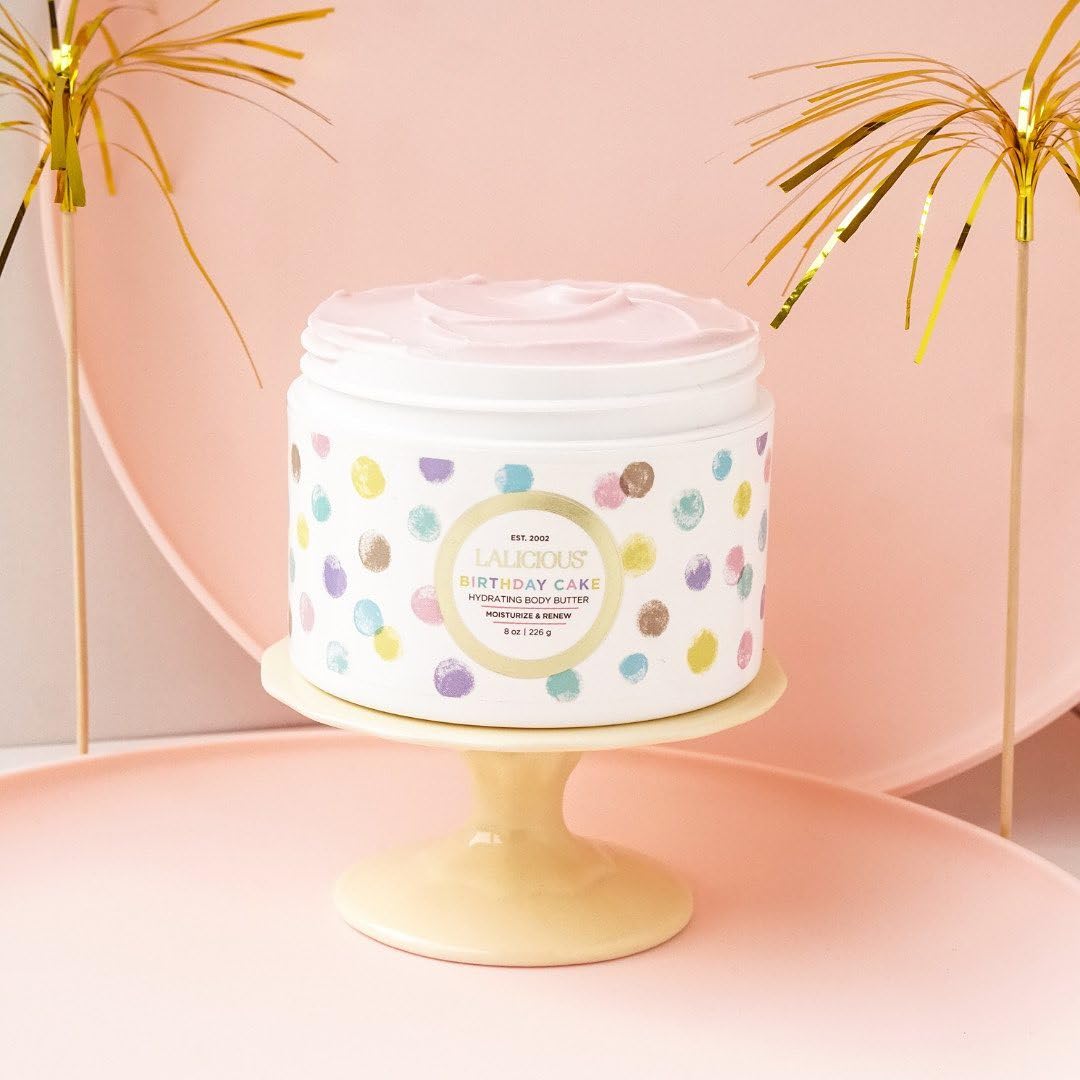 LALICIOUS Birthday Cake Whipped Body Butter 8oz | Ultra-Hydrating Shea Butter Body Cream with Hyaluronic Acid, Vitamin C & Peptides | Deep Moisturizing Lotion for Dry Skin | Firming & Skin-Softening