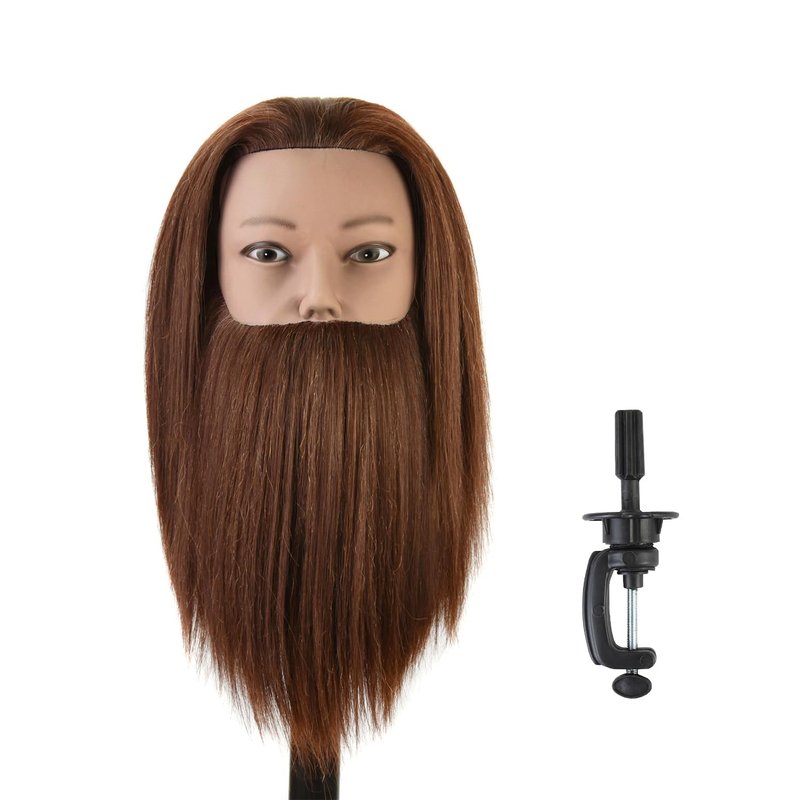 Male Mannequin Head 100% Human Hair Training Head 14 Inch Barber Manikin Cosmetology Doll Head for Hair Styling and Practice with Wig Clamp Stand (with Beard,Brown)