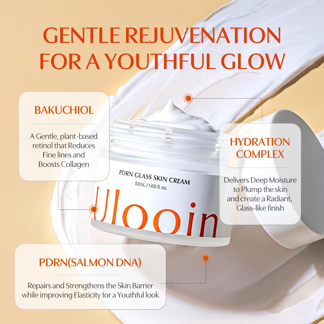Ulooin PDRN Glass Skin Cream – K-Beauty Hydrating & Revitalizing Face Cream with PDRN & Bakuchiol | Clinically Proven by Korean Skincare Clinic | Supports Skin Barrier, Smoothness, and Deep Moisture