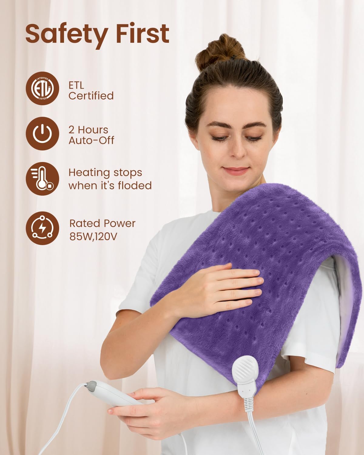 RENPHO Electric Heating Pad for Back Pain Relief - ETL Certified, Auto Shut Off | 12" x 24" Violet