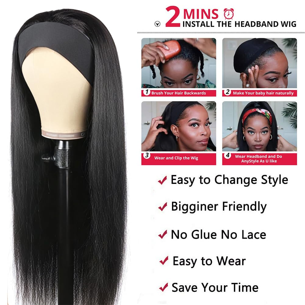 Unvizossa Headband Wig Human Hair 14 Inch Straight Headband Wigs for Black Women Glueless Straight None Lace Front Wig Human Hair Machine Made Wigs Natural Black 150% Density