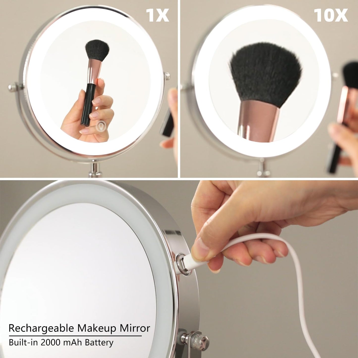 HIEEY Lighted Makeup Mirror with Magnification, 1x/10x Rechargeable 8" Lighted Mirror, 360° Rotation Touch Screen Vanity Mirror, Three Color Lighting Modes, Height Adjustable (Gift Box)