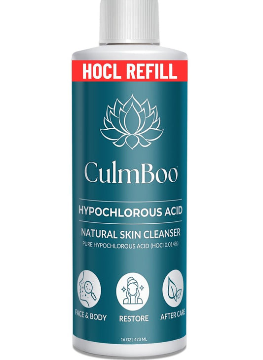 CulmBoo, Hypochlorous Acid Spray for Face & Skin - HOCl, Acne Prone Skin, Eczema, Natural Tattoo Aftercare, Piercing Aftercare Spray, Eye Lash Cleanser, Face Mist Toner, Wound Care Cleanser, 16 Fl Oz