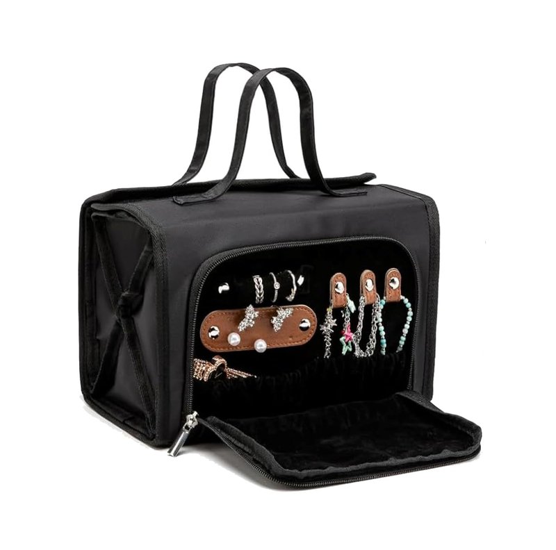 ROYALFAIR Roll Up Makeup Bag, Waterproof Toiletry Bag for Women, Hanging Travel Organizer bags with Jewelry Organizer Compartment, Extra Large 4 Clear TSA Approved Pouches Cosmetic Makeup (black)