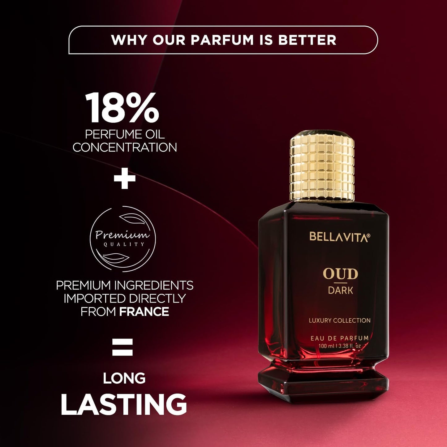 Bellavita Luxury DARK OUD Eau de Parfum | 100 ml (3.4 fl.oz.) | Perfume for Men and Women | Smokey, Grapefruit, Vetiver, and Dark wood Incense Notes | Long Lasting Unisex Fragrance