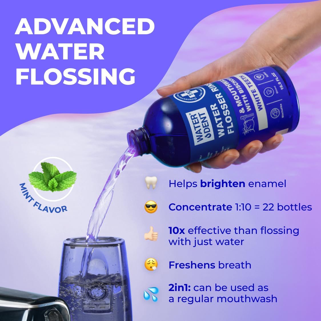 WATER DENT Water Flosser Rinse, Solution, Additive & Mouthwash for Teeth Whitening – Compatible with Waterpik & All Oral Irrigators, Concentrated, Gentle Peroxide, Alcohol Free, Mint, 16.9 fl oz