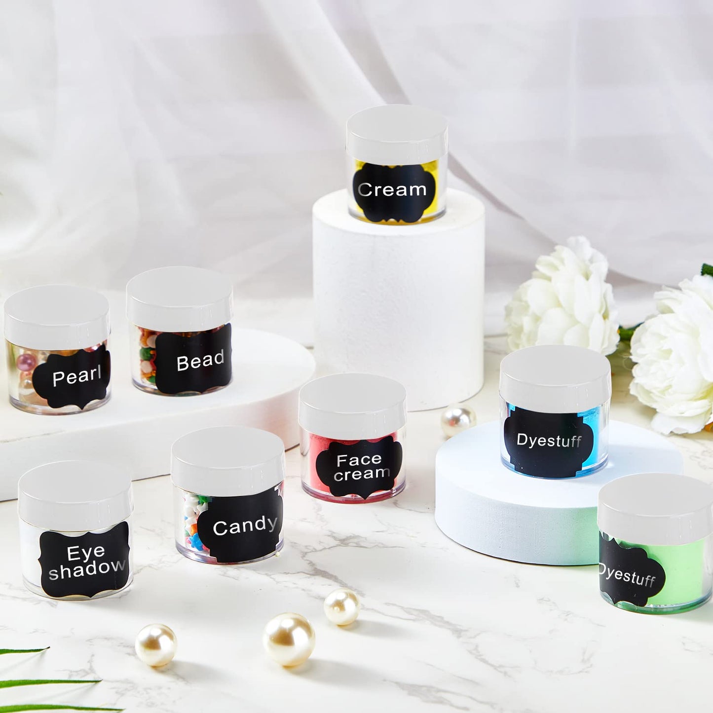 100 Set Plastic Jars Makeup Travel Makeup Container with Lids Small Storage Containers for Creams Toiletries Chalkboard Label Stickers Marker(1 oz,White)