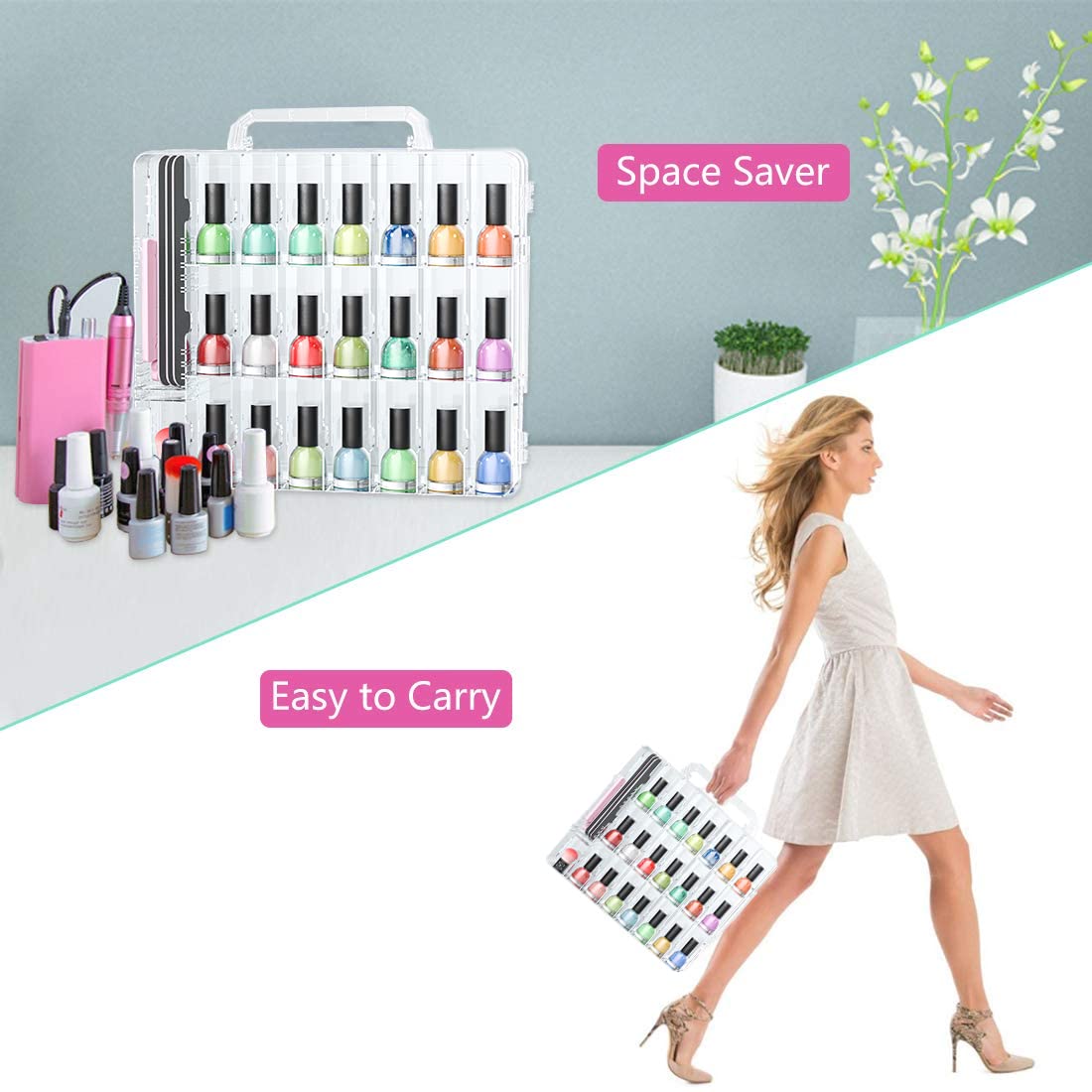 Nail Polish Organizer Case - Holds 48 Bottles | Adjustable Gel Storage with Space Dividers & Toe Separator