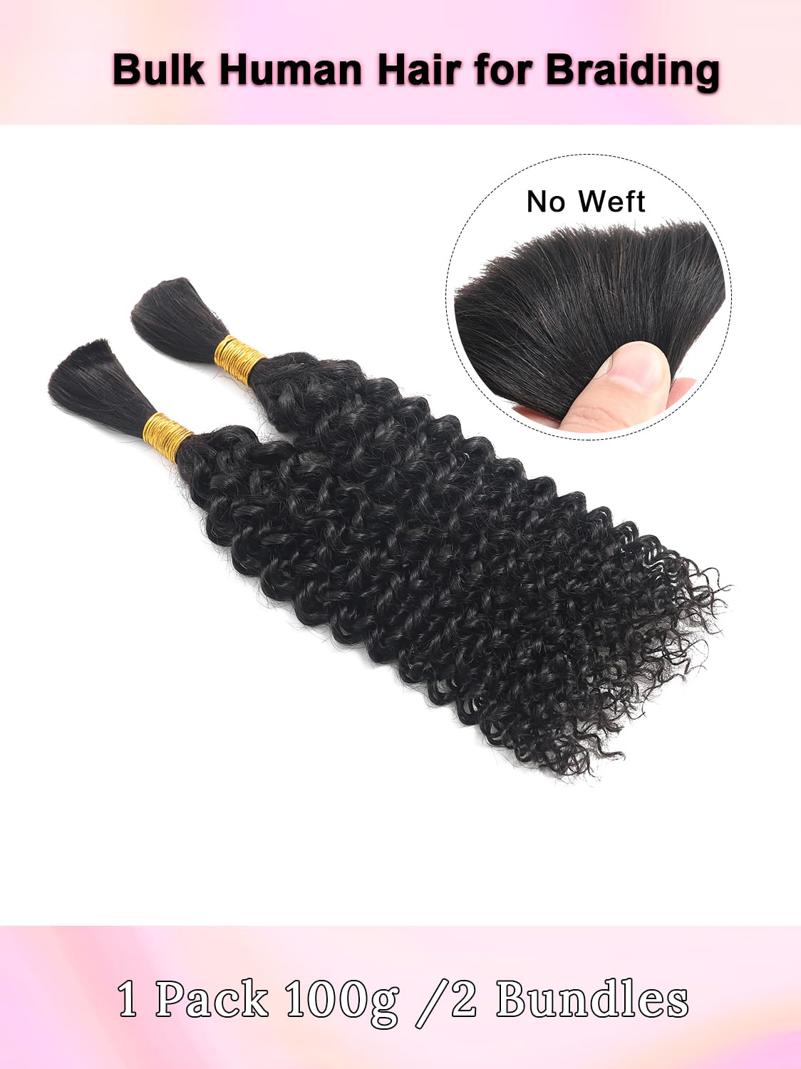 Human Braiding Hair for Boho Braids - Curly Wet Wavy 100g, 2 Bundles, No Weft Micro Braiding Extensions
